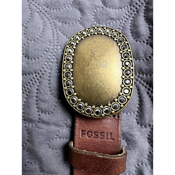 Fossil Vintage Bejeweled Brass Buckle Genuine Leather Belt Western Glam SZ M:NWT - Picture 4 of 9